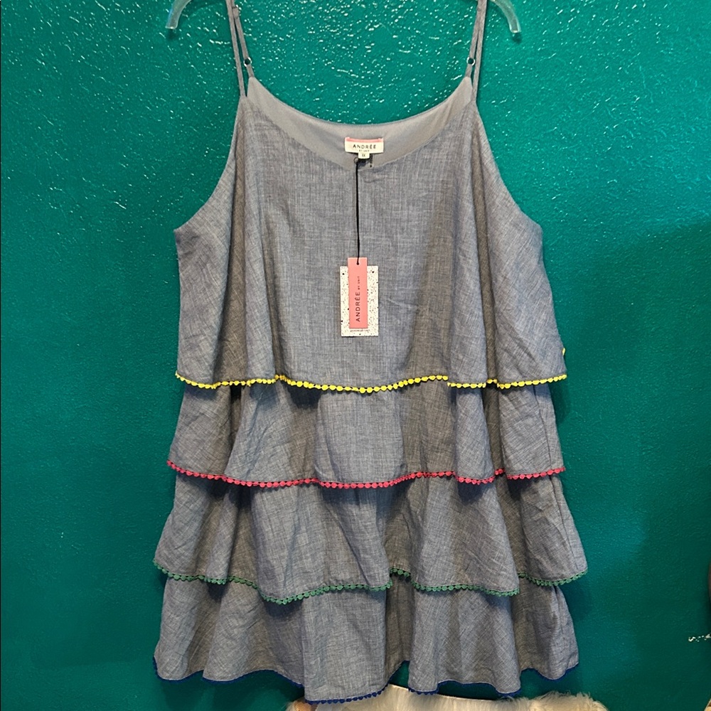 ANDREE Blue Dress  Colorful trim NWT